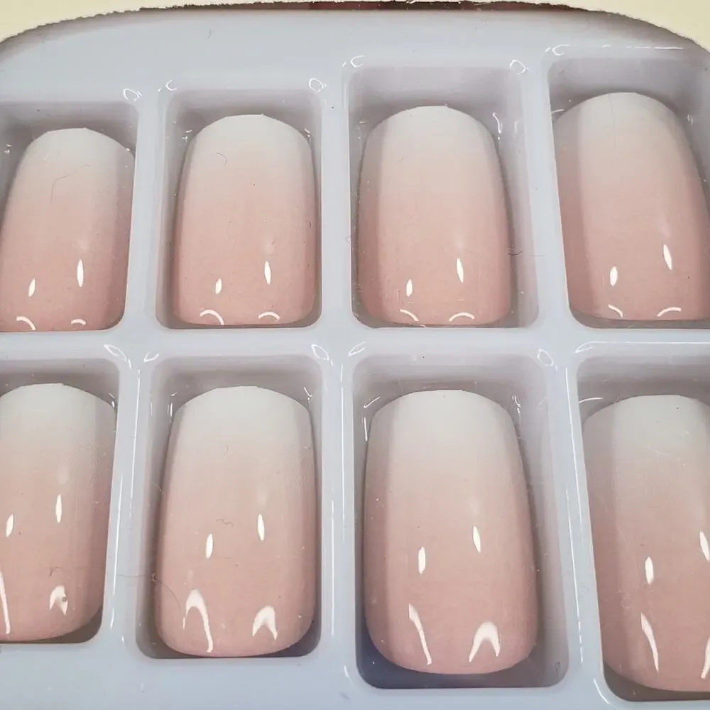 Ombre Square Press On Nails French Tip Style 25 pc Set Short Natural False Kit - Picture 3 of 6